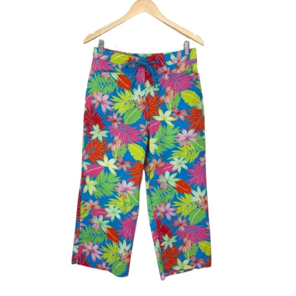 Vintage Sag Harbor Sport Colorful Tropical Leaf Print Cropped Pants W/Stretch